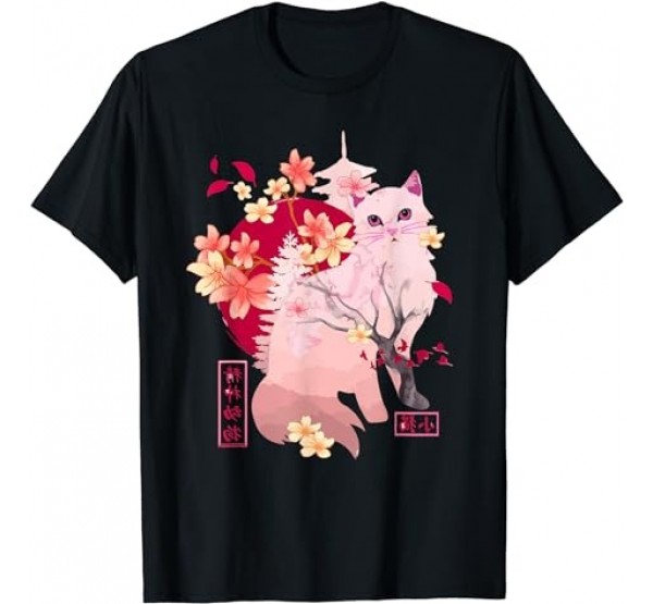 Sakura cat Tree Blossoms japanese art Retro 80s Japan Anime T-Shirt